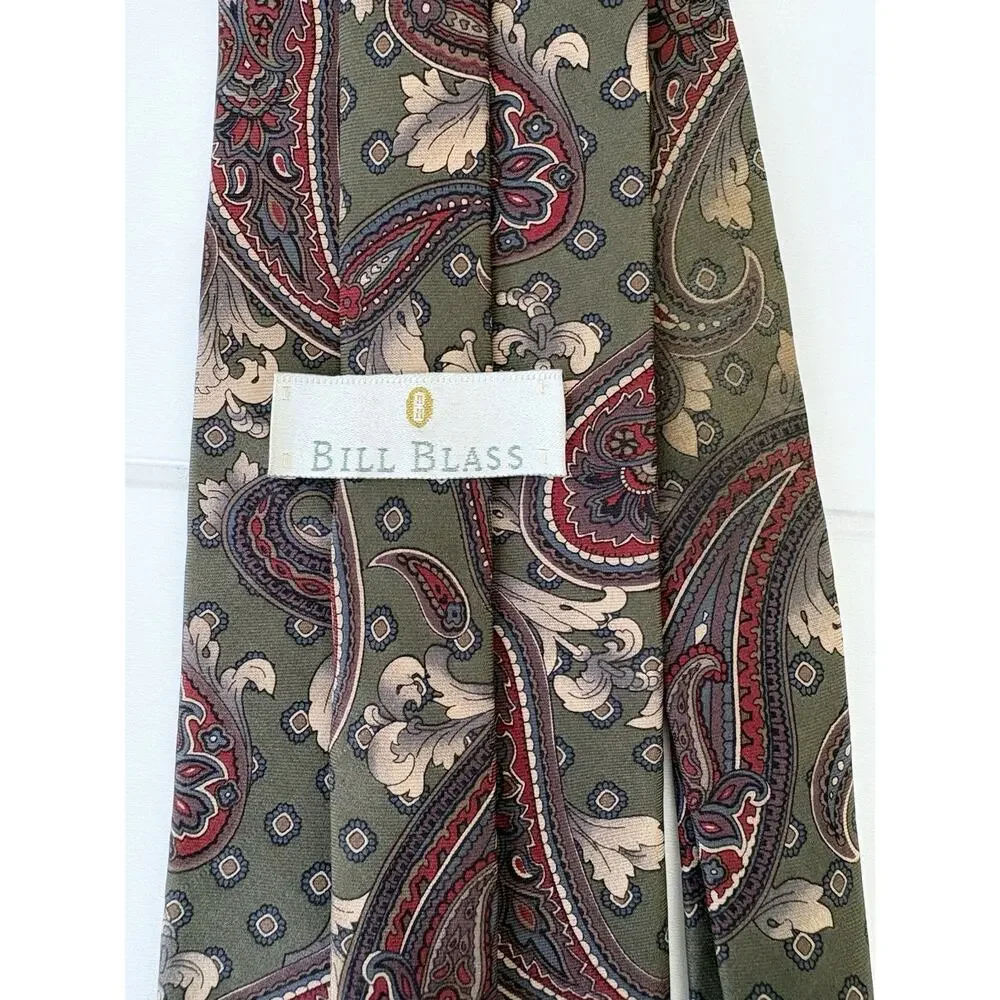 Vintage Bill Blass Silk Paisley Tie Olive Green Red Cream Made in USA 56.5